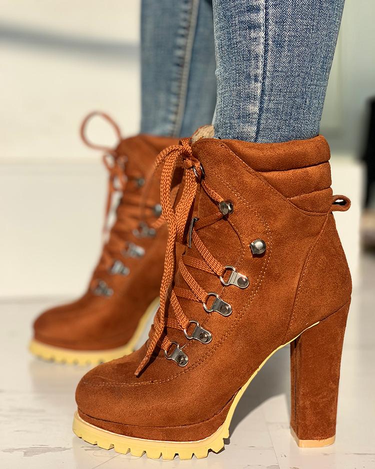 

Platform Lace-Up Chunky Heeled Boots, Brown