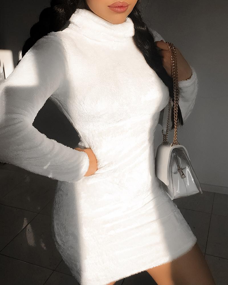 

Solid High Neck Fluffy Bodycon Dress, White
