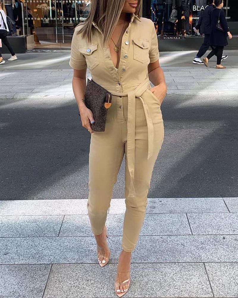 

Turn-down Collar Buttoned Pocket Design Cargo Jumpsuit