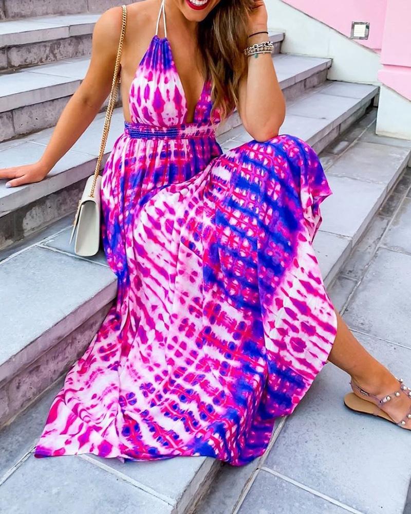 

Halter Tie Dye Print Backless Maxi Dress, Purple