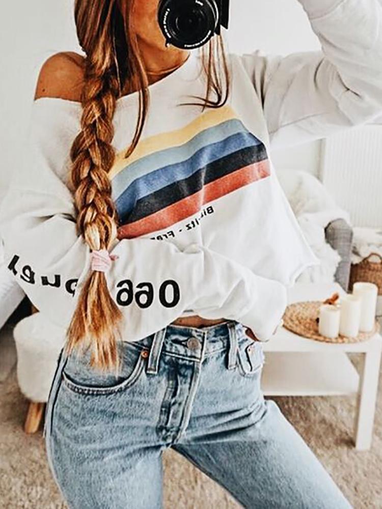 

Letter & Rainbow Print Crop Sweatshirt, White