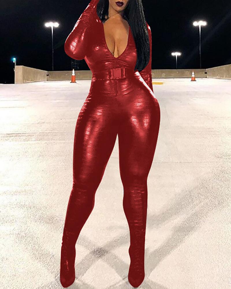 

Faux Leather Zipper Design Plunge Jumpsuit, Red