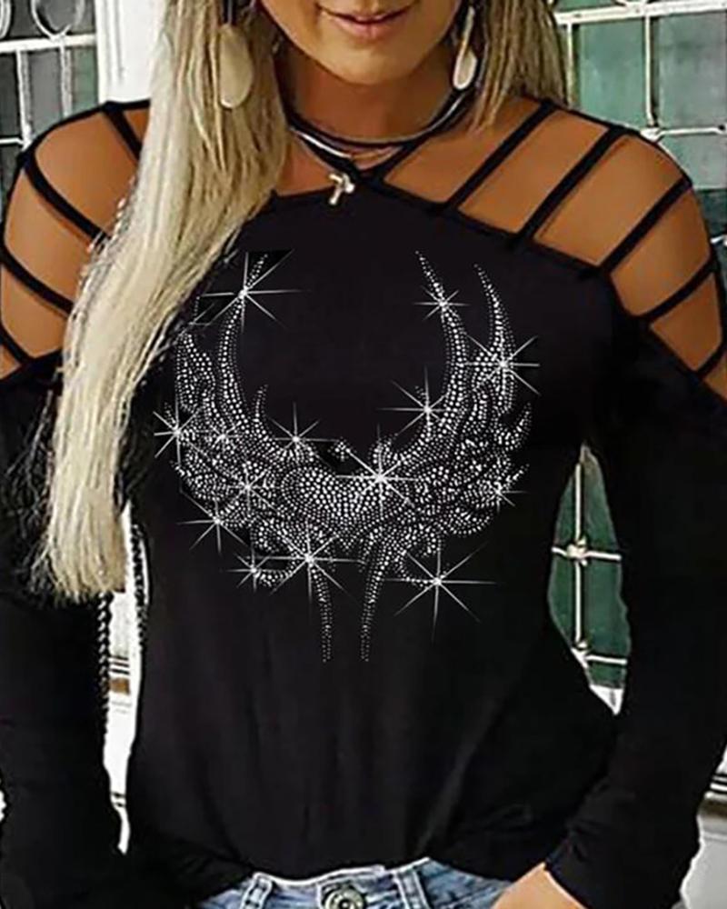 

Wings Heart Print Studded Casual T-shirt, Black