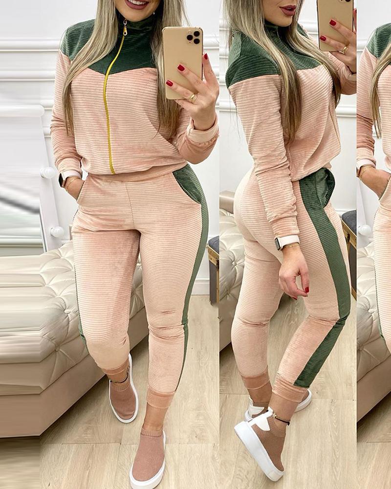 

Colorblock Zip Top & Pocket Design Pants Set, Pink