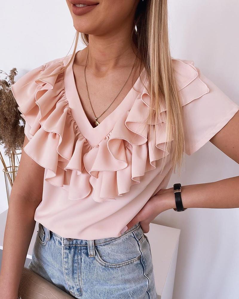 

Solid V-neck Ruched Casual T-shirt, Pink