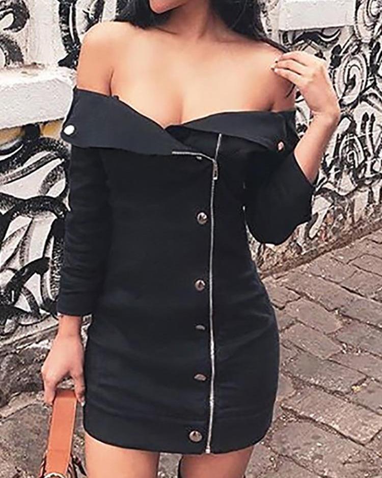 

Off Shoulder Button Zipper Design Mini Dress