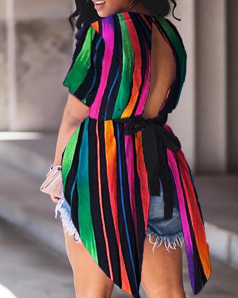

Colorful Striped Dip Hem Slit Back Blouse, Multicolor