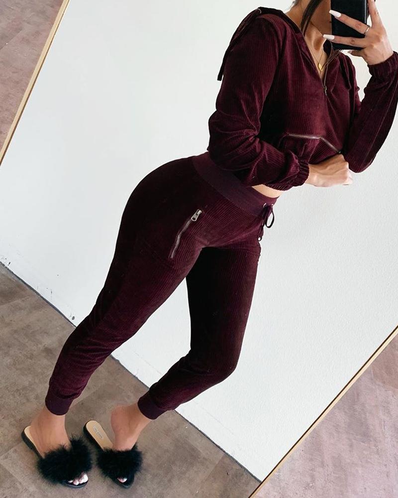 

Solid Ribbed Zip Neck Tracksuit, Wine red