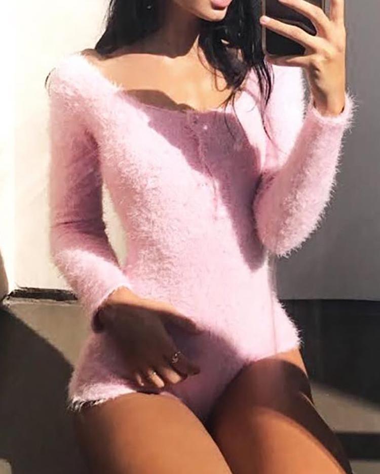 

Fluffy Buttoned Long Sleeve Romper, Pink