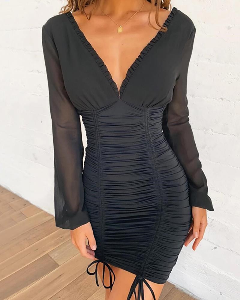 

Plunge Backless Frill Drawstring Lantern Sleeve Dress, Black