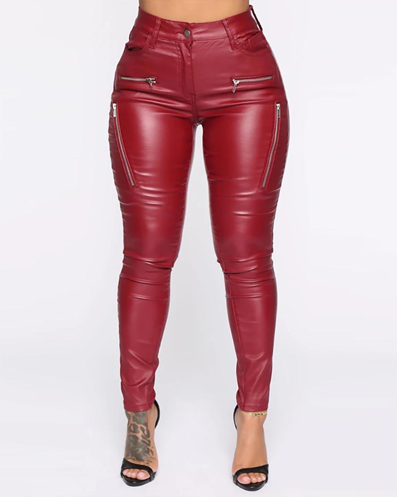 

High Waist Zipper Design Skinny PU Leather Pants, Red
