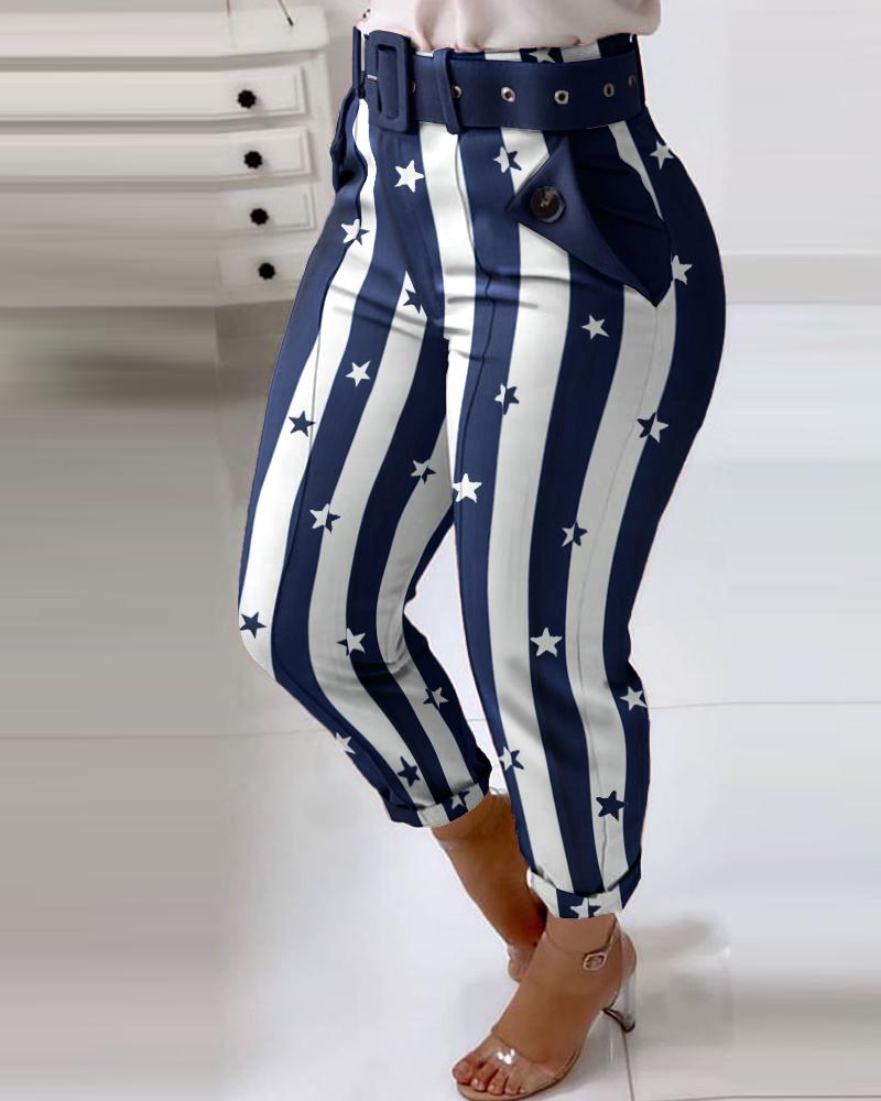 

Star Print Striped Colorblock Pocket Design Casual Pants, Blue