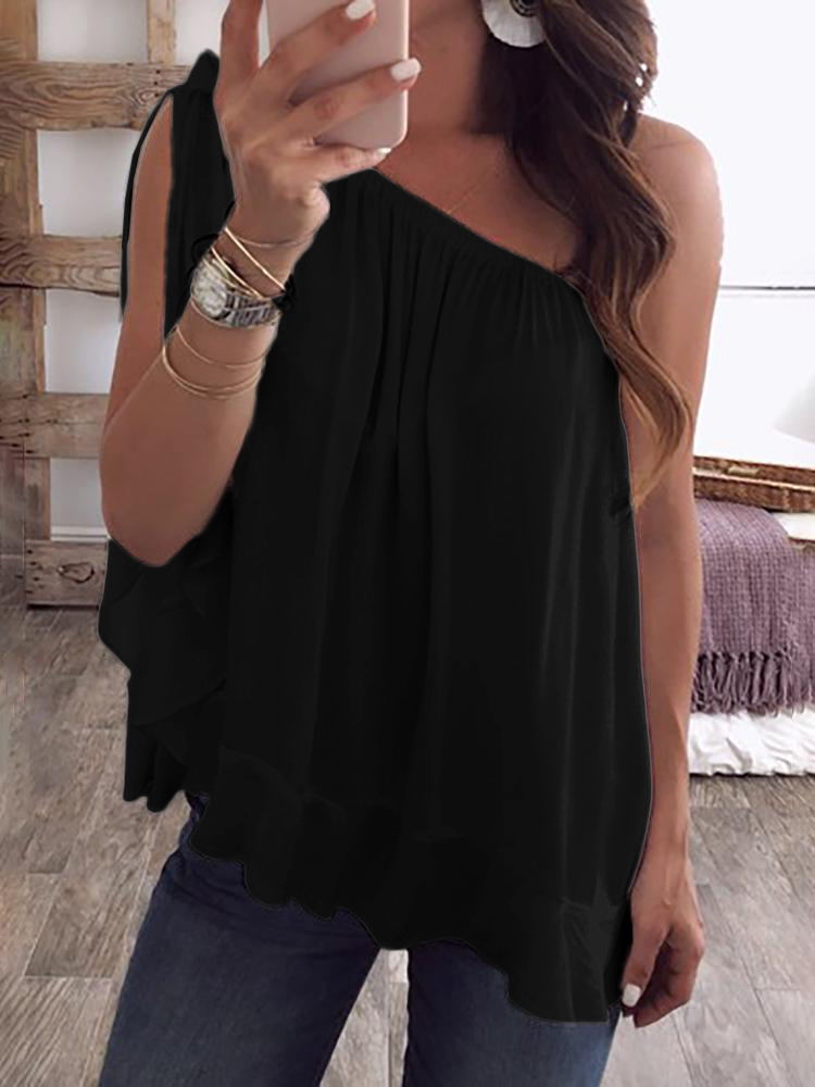 

One Shoulder Tied Ruffles Hem Loose Blouse, Black