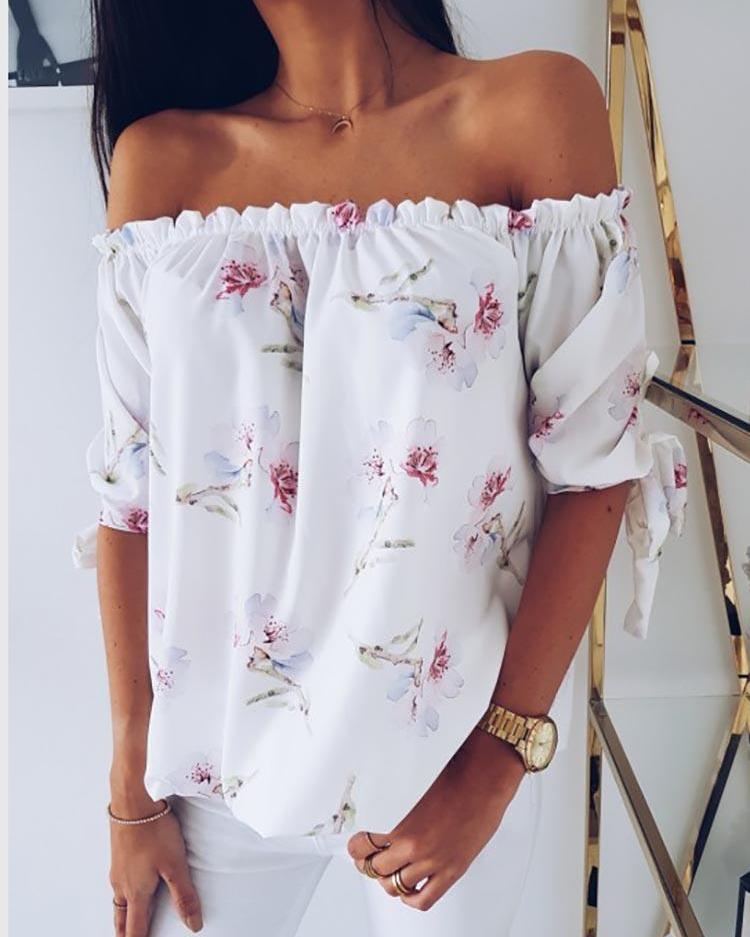 

Floral Print Off Shoulder Shirring Blouse, White