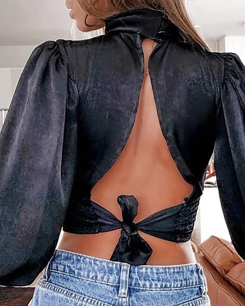 

Lantern Sleeve Knotted Open Back Blouse
