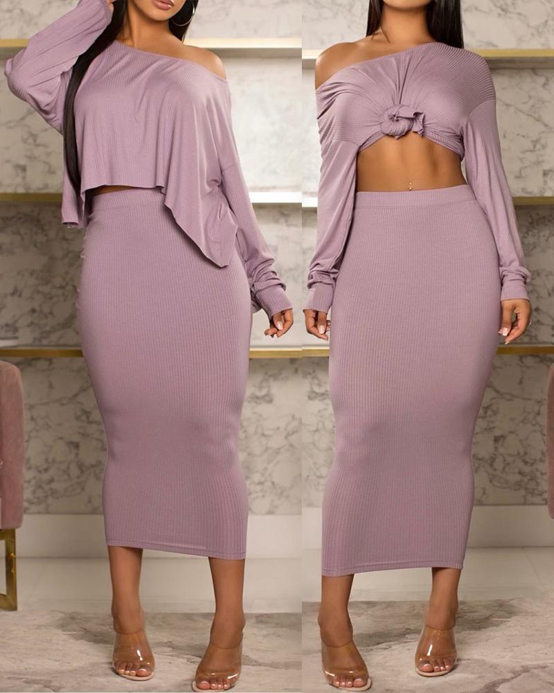 

Plain Long Sleeve Top & High Waist Maxi Skirt Set, Purple