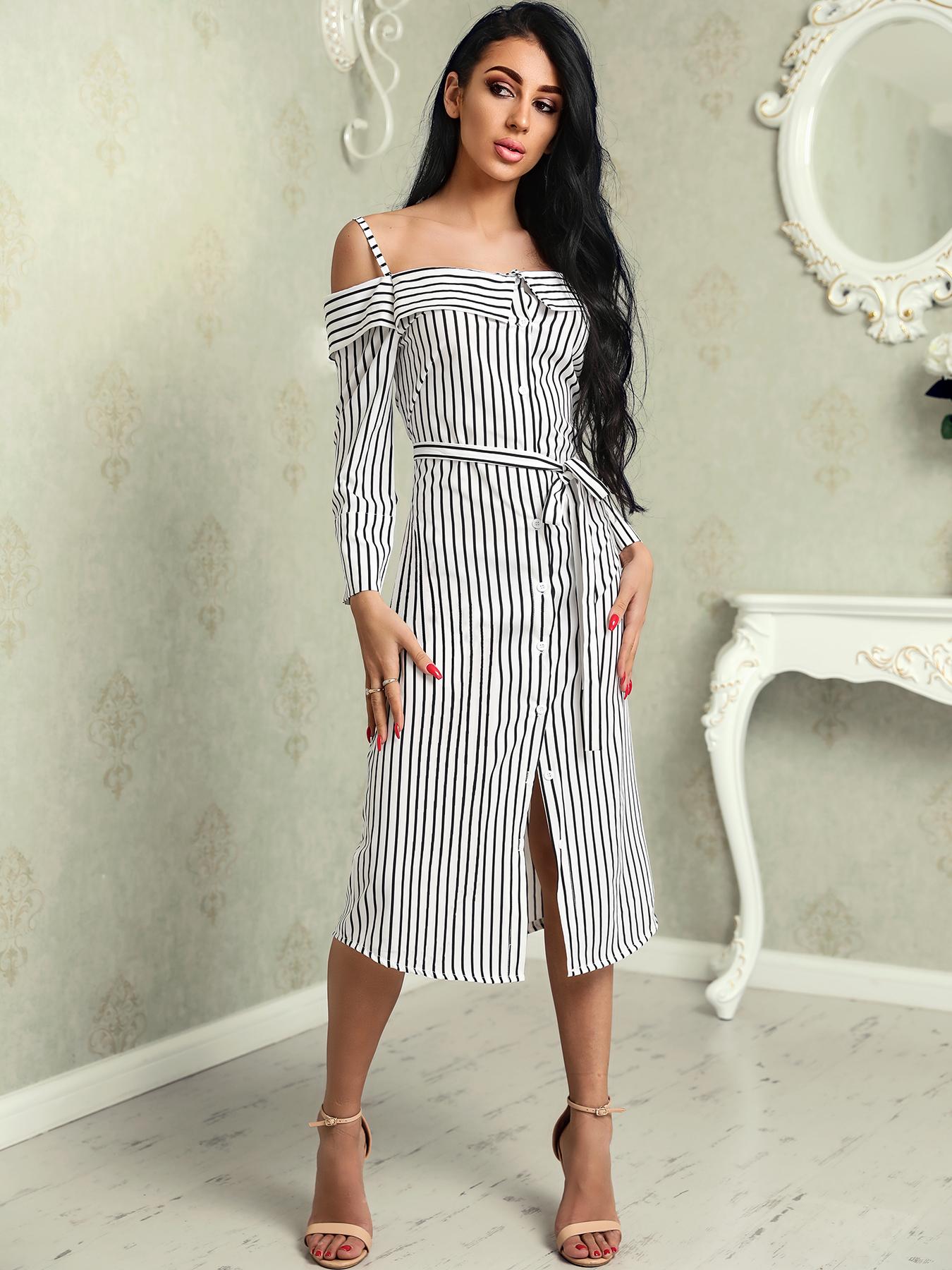 

Deep V Striped Button Belted Shirt Dress