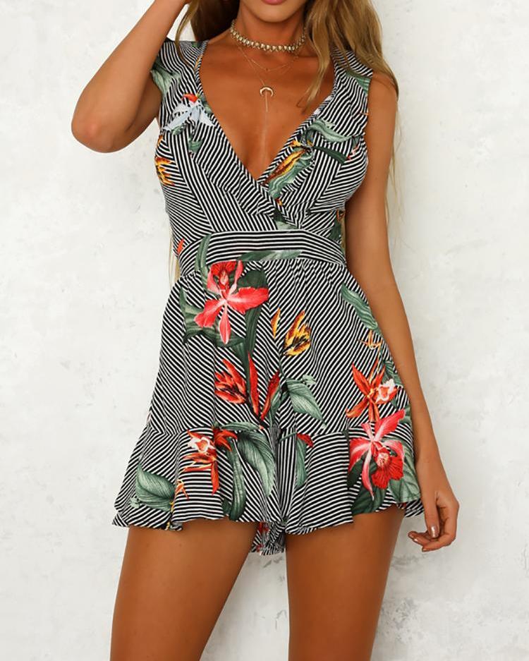 

Deep V Ruffles Backless Floral Print Romper, Multicolor