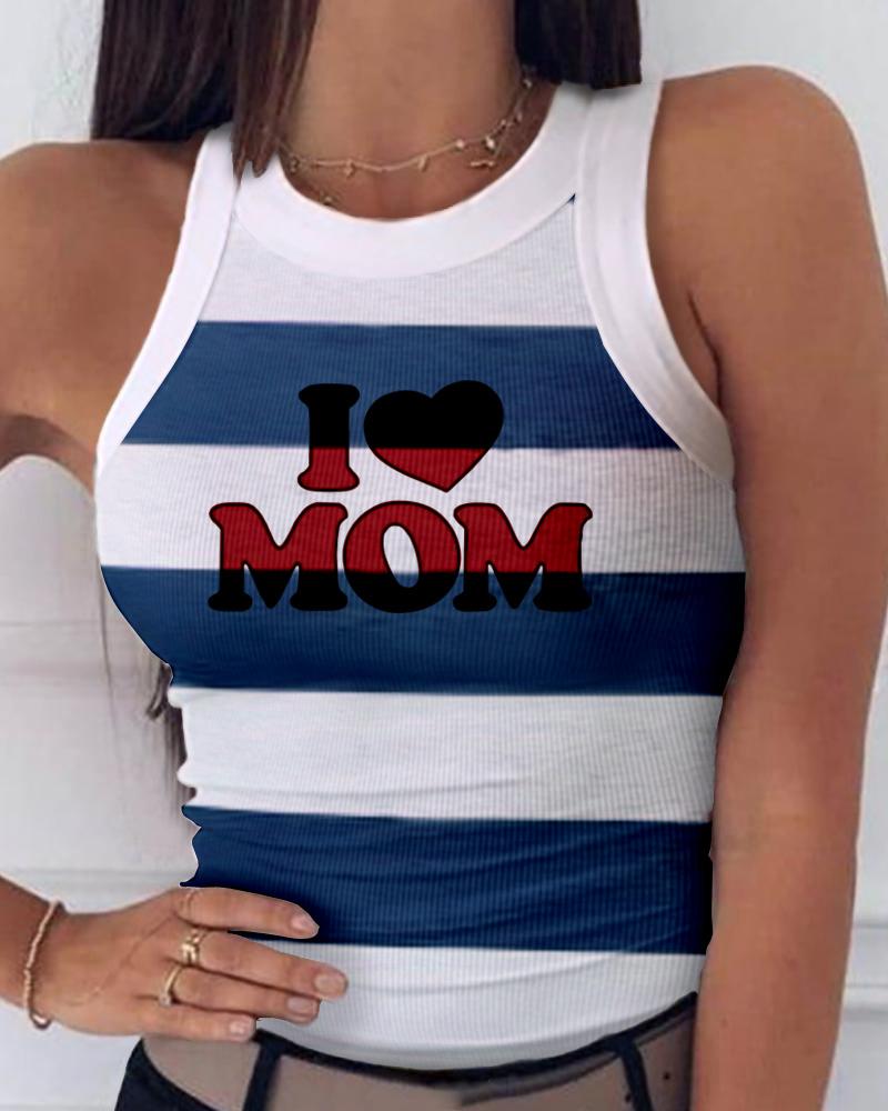 

Striped Letter Heart Print Sleeveless Casual Top, Purplish blue