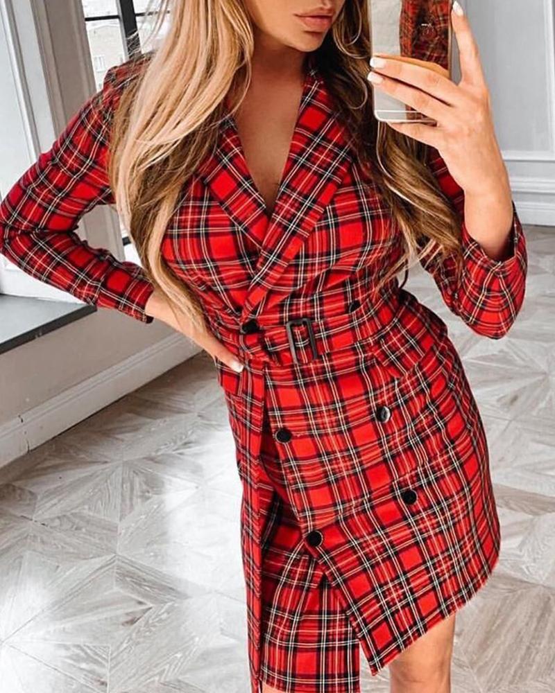 

Grid Print Casual Belted Blazer Dress, Red