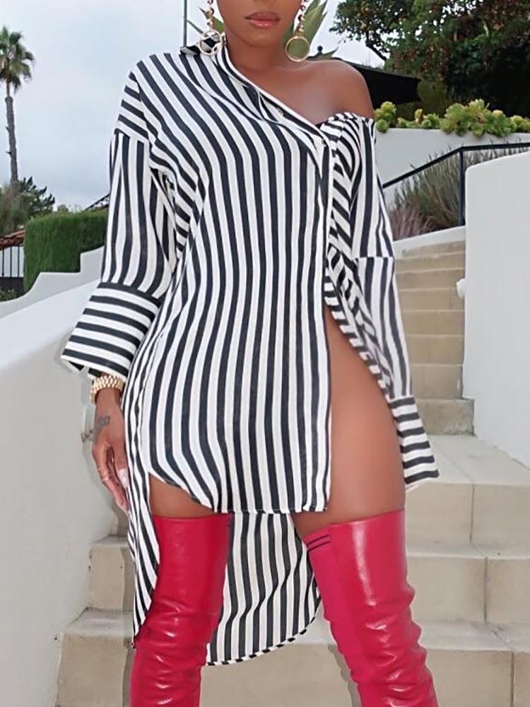

Stripes Button Up High-Low Hem Shirt Dress, Black