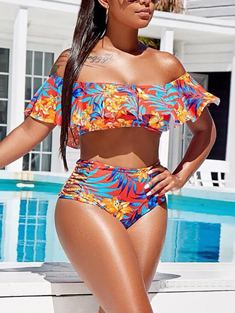 

Floral Ruffle Off Shoulder Strappy Bikini