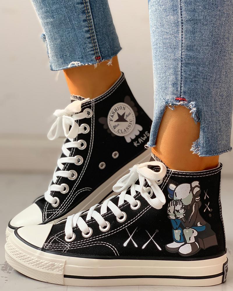 

Cartoon Print Lace-Up Casual Sneakers, Black