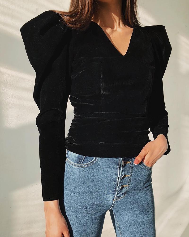 

Solid Suede Puff Sleeve Ruched Design Blouse, Black