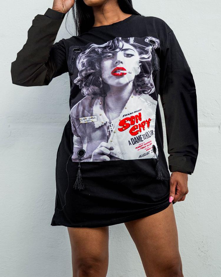 

Figure Patch Long Sleeve Tee Dress, Black