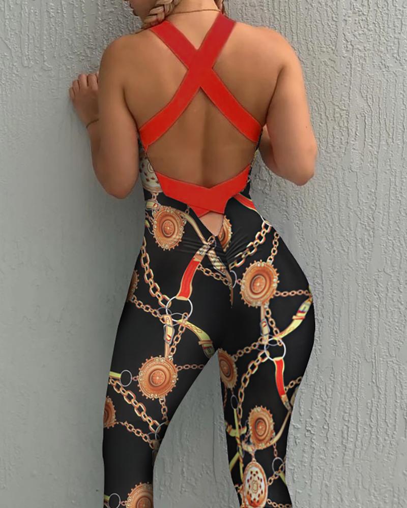 

Colorblock Chain Print Crisscross Back Casual Jumpsuit, Black