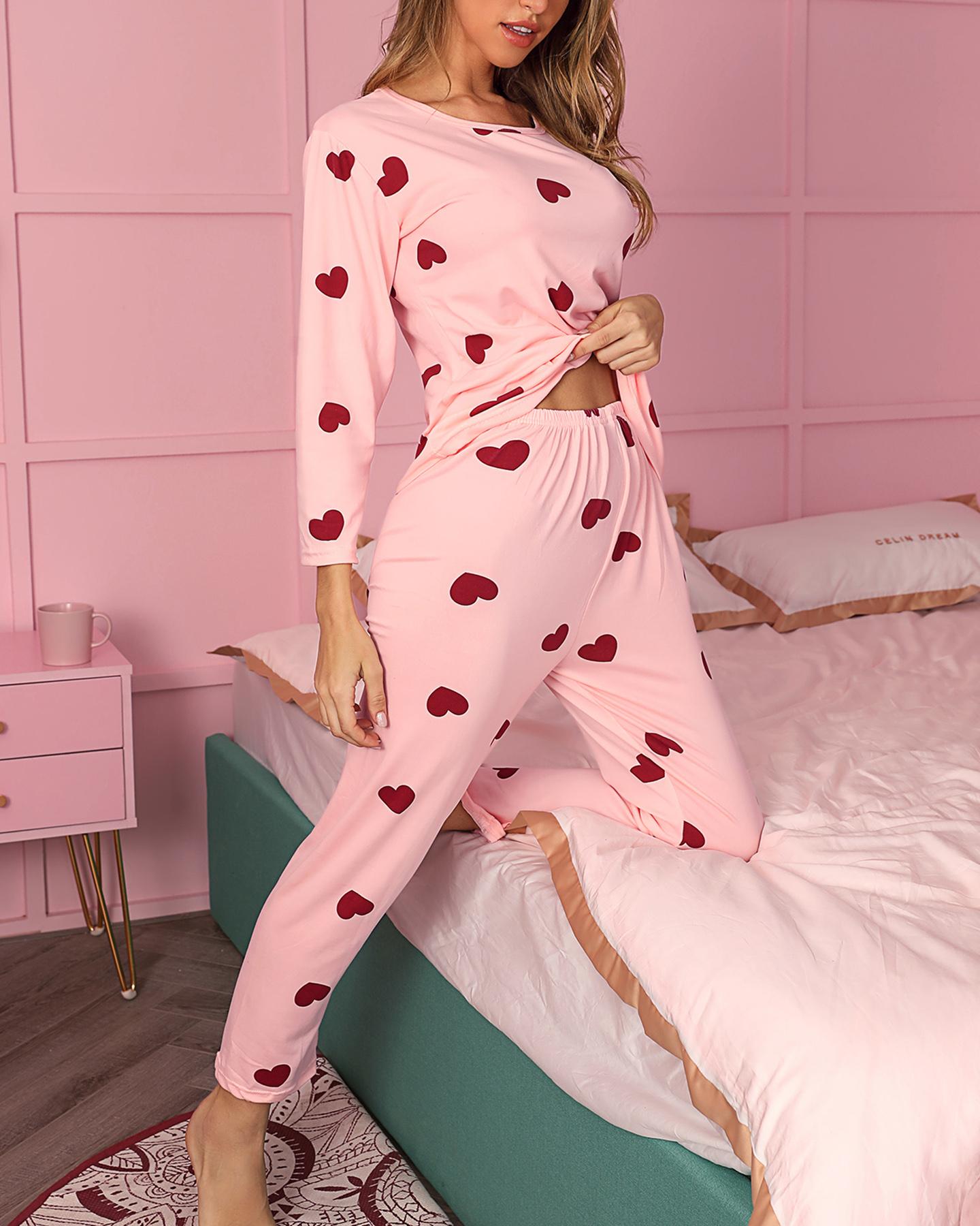 

Print Long Sleeve Pajamas Set, Pink