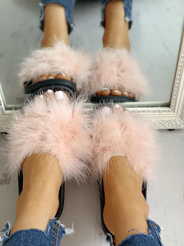 

Open Toe Fluffy Embellished Flat Sandals, Pink