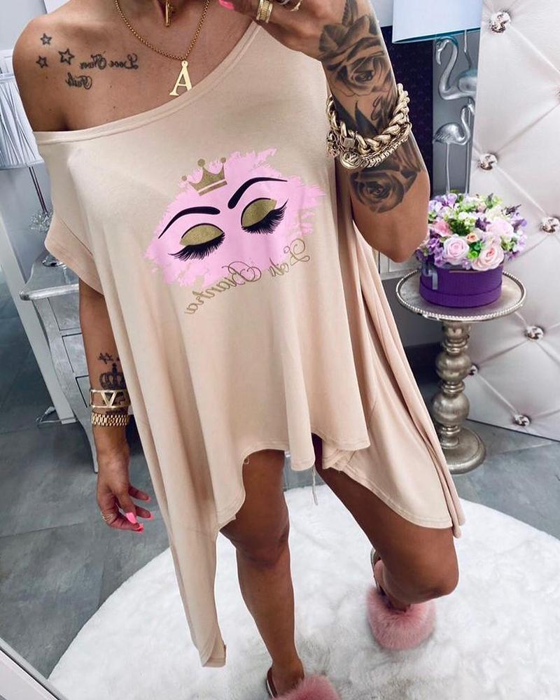

Eyes Print Short Sleeve Irregular Casual T-shirt, Apricot