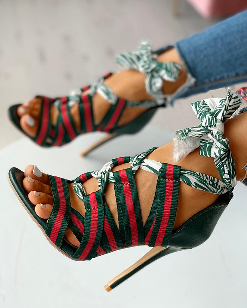 

Colorblock Striped Lace-up Bowknot Thin Heeled Sandals, Green