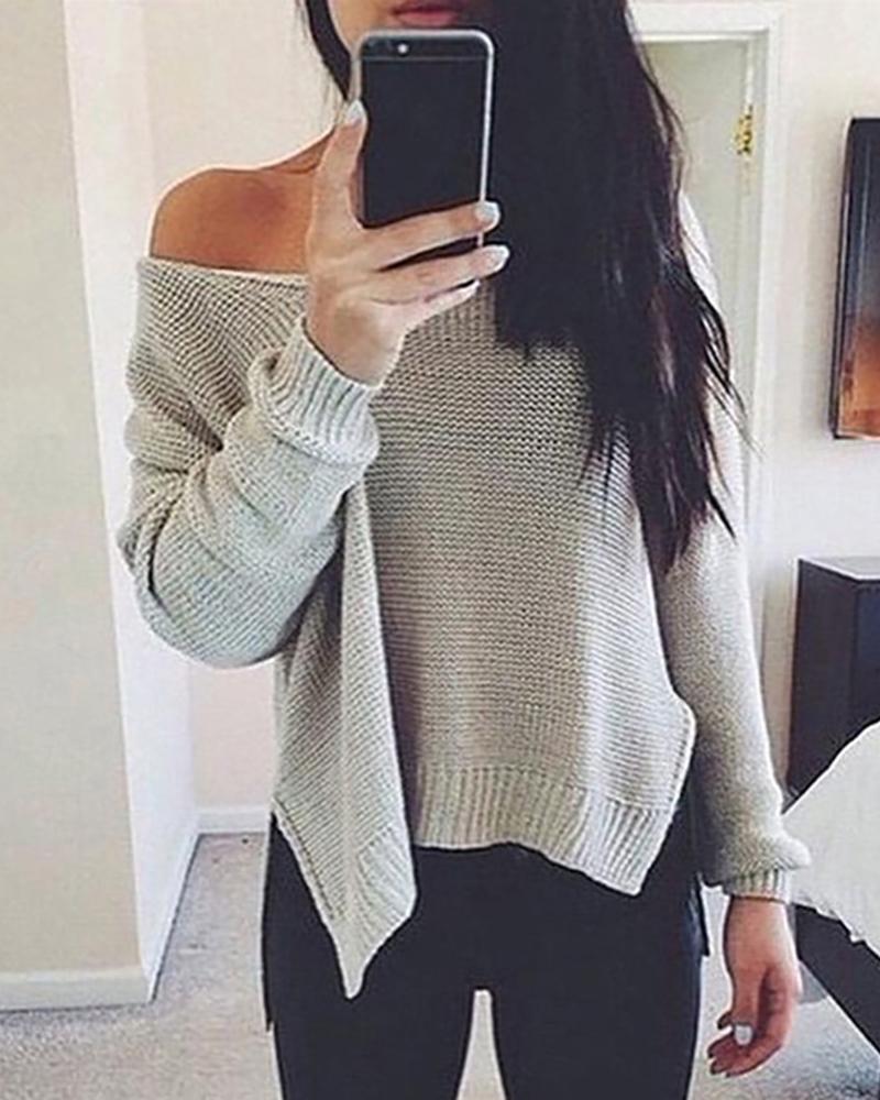

Solid Side Slit Long Sleeve Casual Sweater, Gray