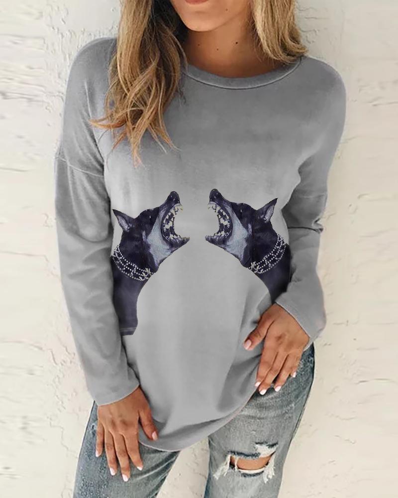 

Dog Print Long Sleeve Casual Sweatshirt, Gray