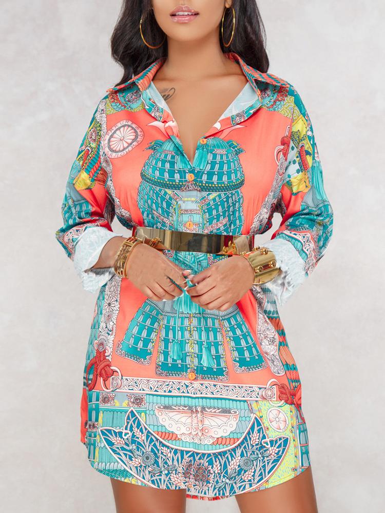 

Vintage Mixed Print Button Loose Shirt Dress, Multicolor