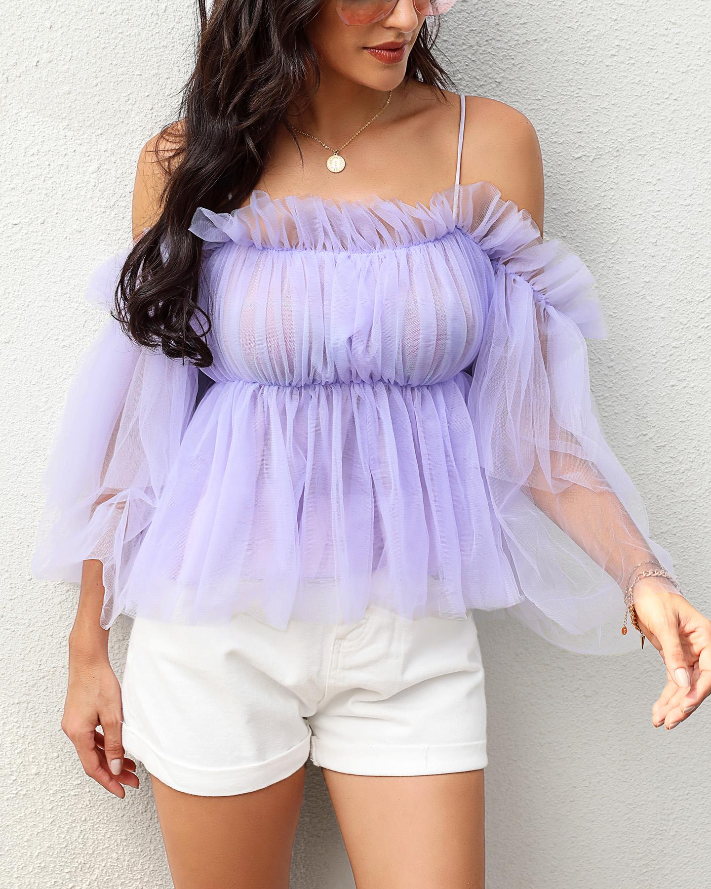 

Spaghetti Strap Frill Hem Mesh Blouse, Purple