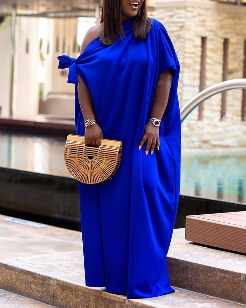 

Solid Tied One Shoulder Casual Maxi Dress, Blue