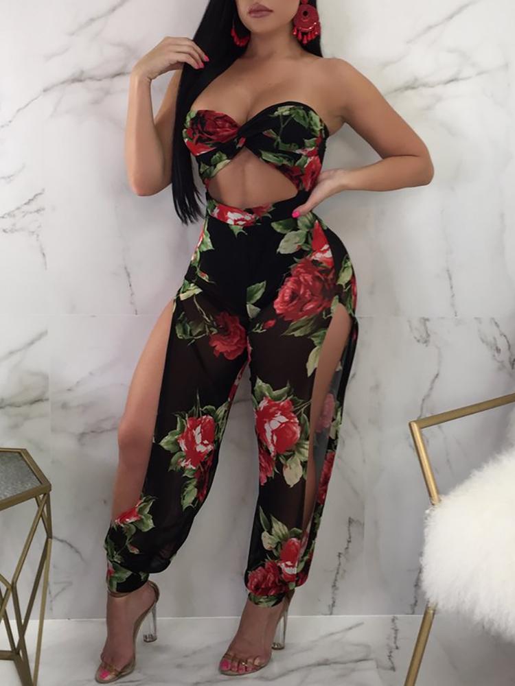 

Floral Print Twist Front Cutout Slit Leg Jumpsuits