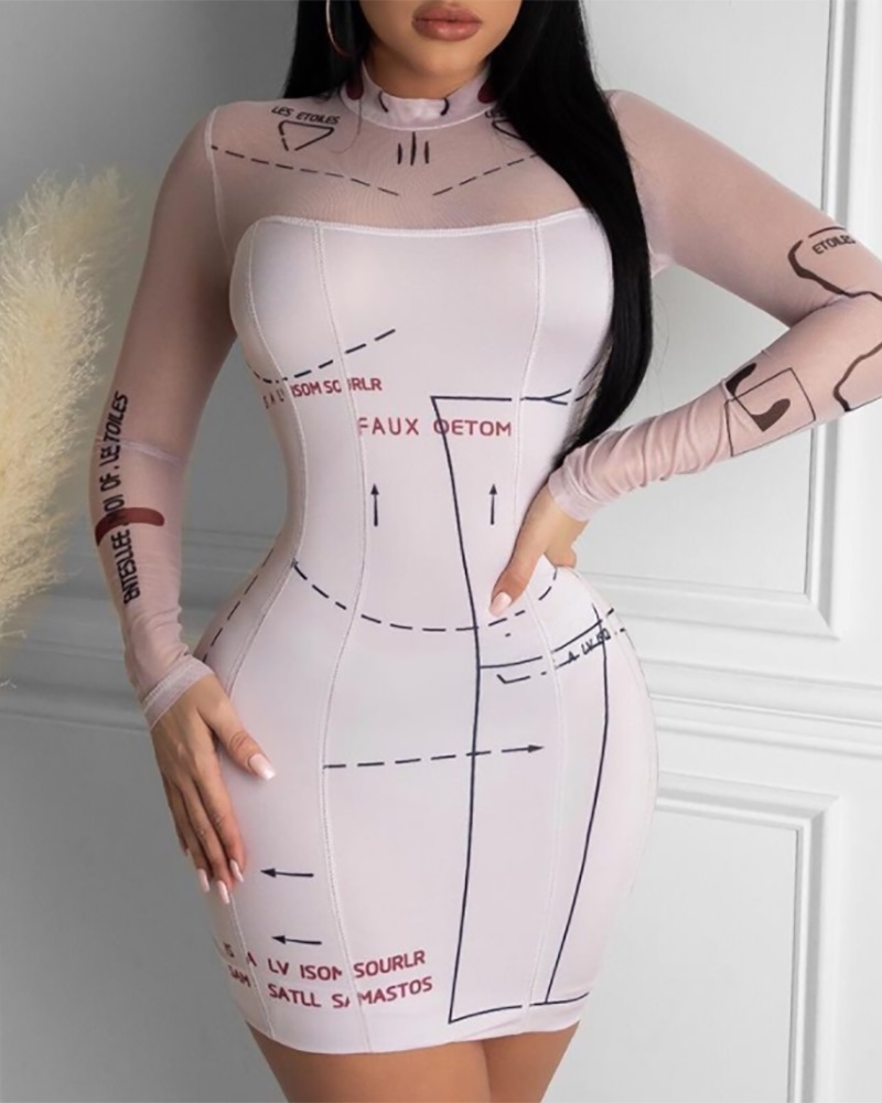 

Abstract Print Long Sleeve Bodycon Dress, White