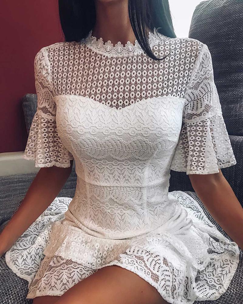 

Lace Eyelet Hollow Out Bell Sleeve Tight Waist Dress, White