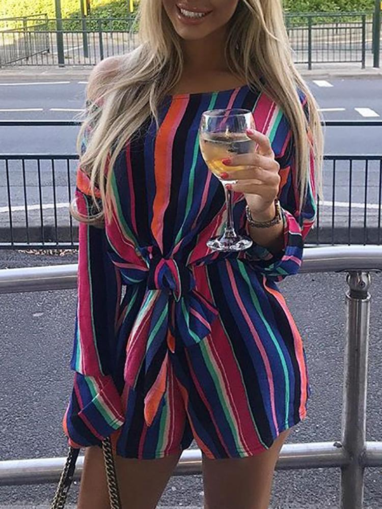 

Colorful Striped Long Sleeve Knotted Romper