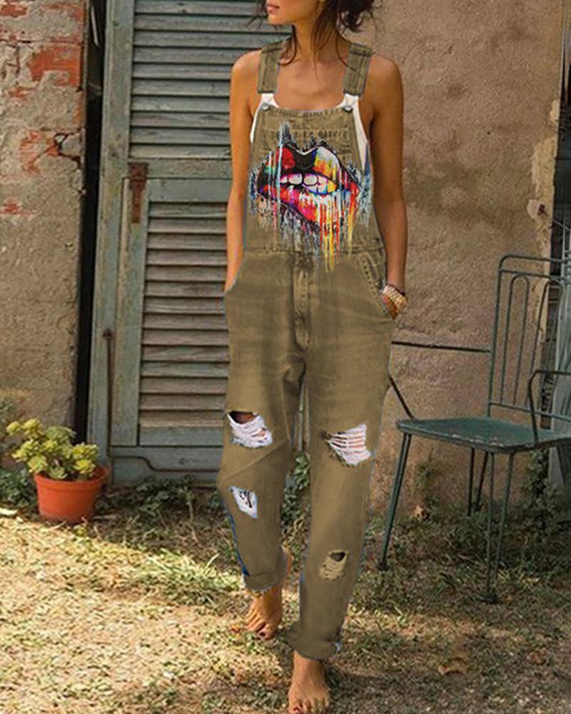 

Thin Strap Lip Print Ripped Suspender Jeans, Khaki