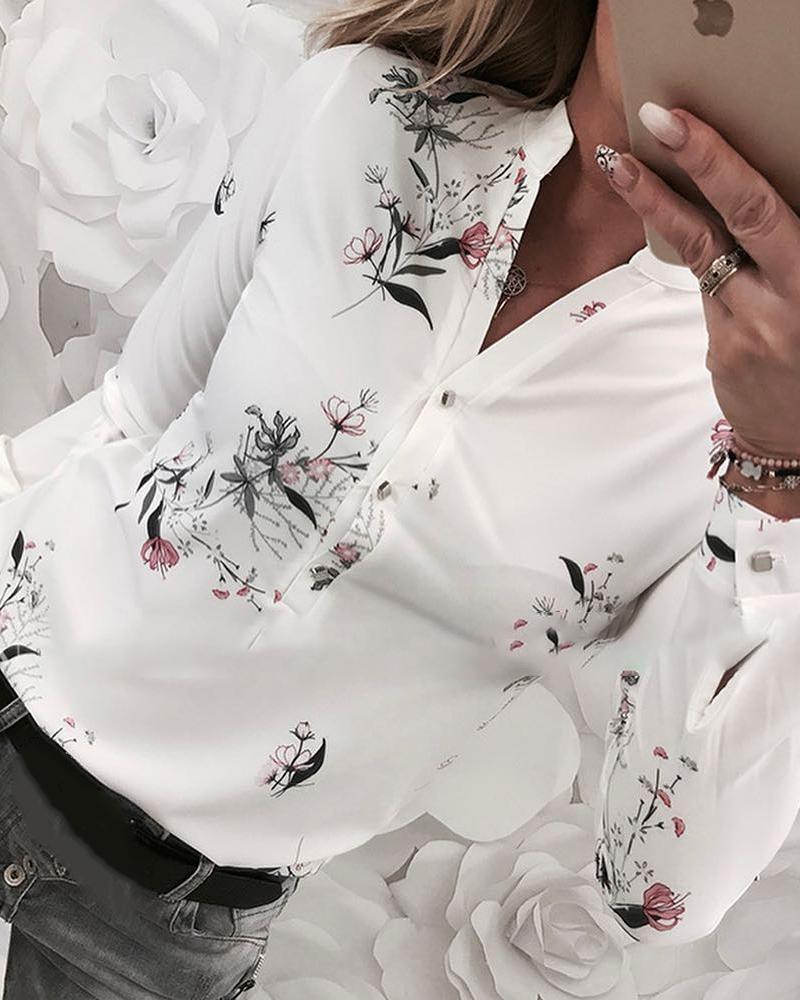 

Floral Print Long Sleeve Casual Shirt, White