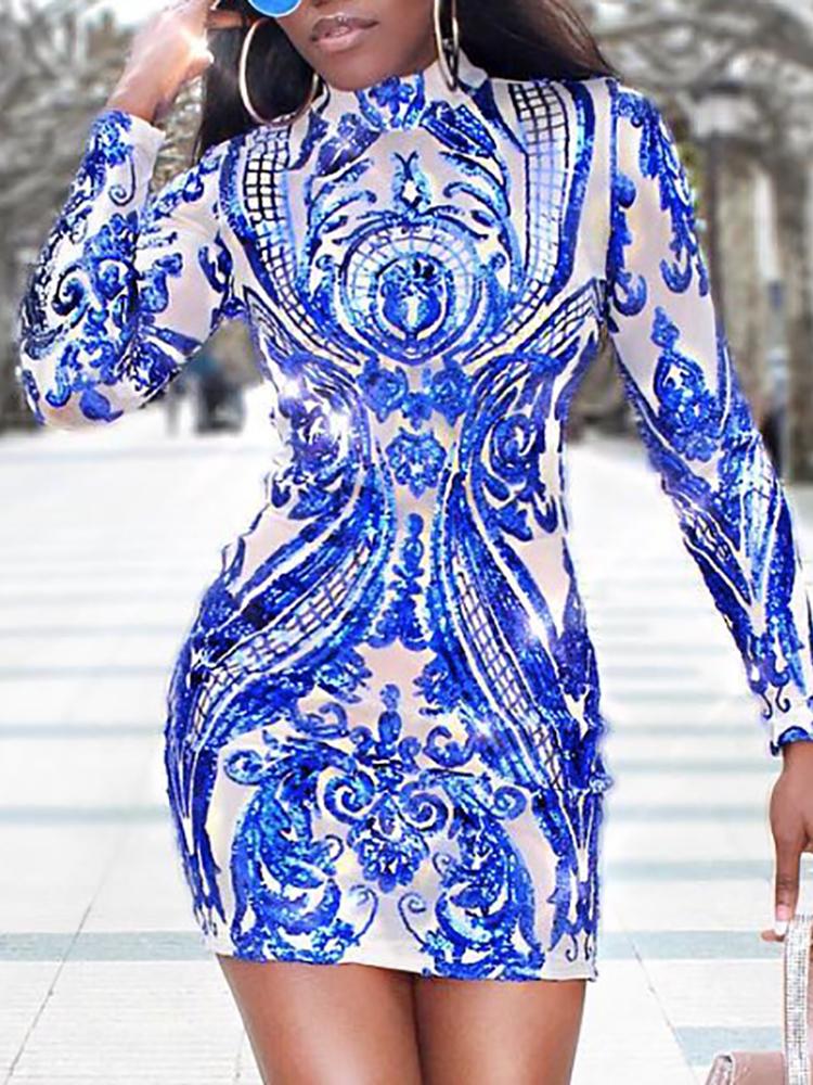 

Baroque Long Sleeve Bodycon Sequin Party Dress, Blue