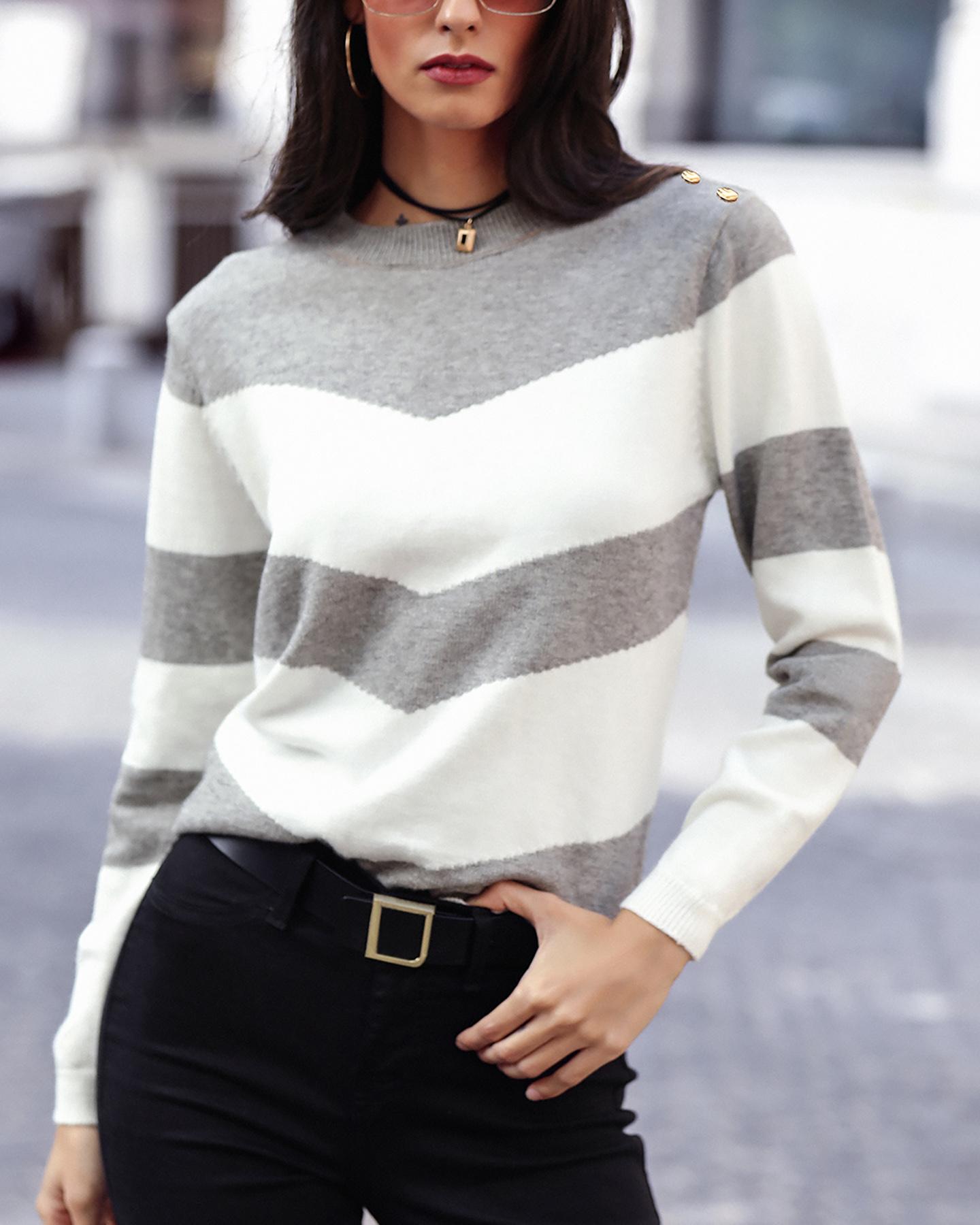 

Colorblock Striped Long Sleeve Sweater, Gray