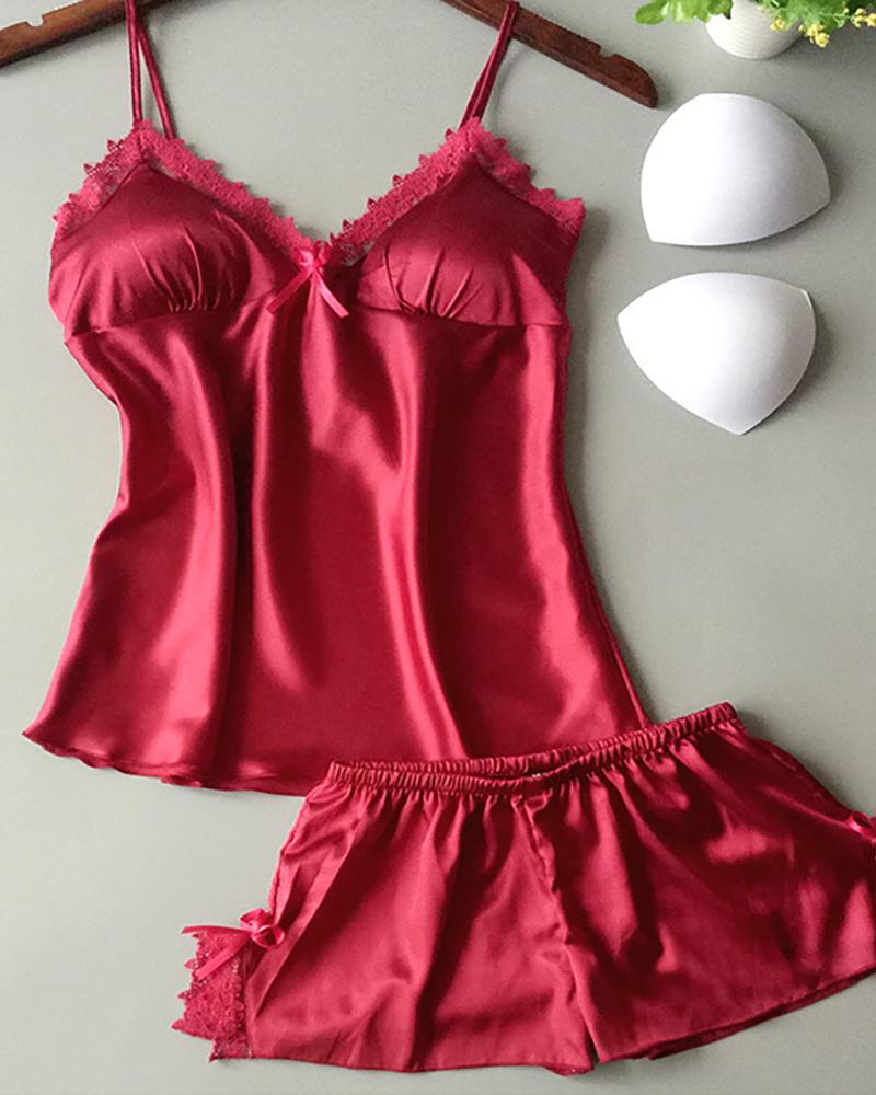 

V-neck Lace Trim Cami Set, Wine red