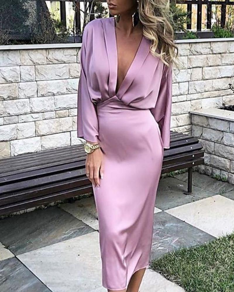 

Solid Plunge Ruched Tight Waist Dress, Purple