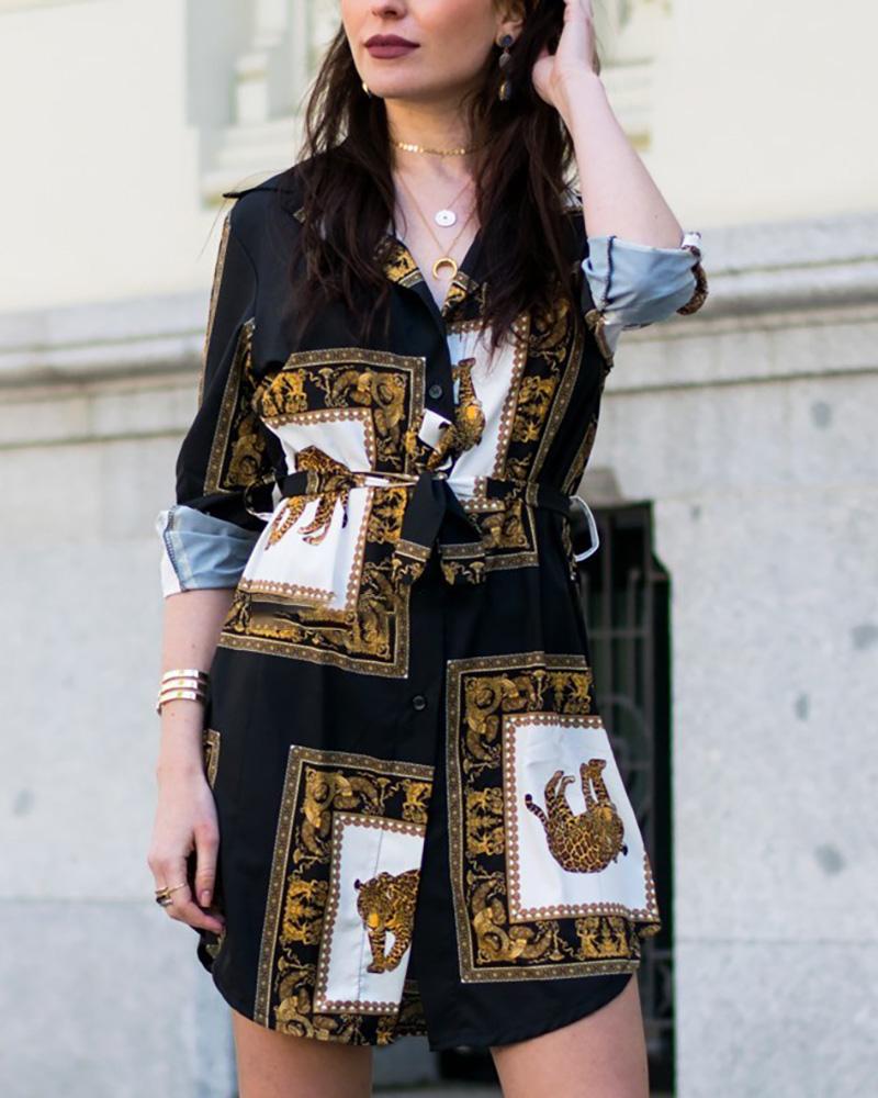 

Animal Print Long Sleeve Shirt Dress, Black